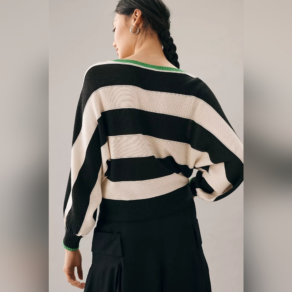 Maeve Anthropologie Black White Stripe Green Trim Boat Neck Sweater Size Large - Picture 2 of 9